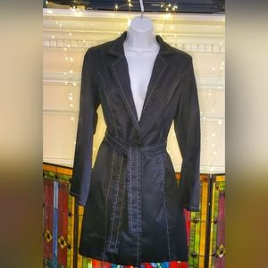 Vintage EXPRESS Black w/white stitching 3/4 length sateen jacket w/belt, size M